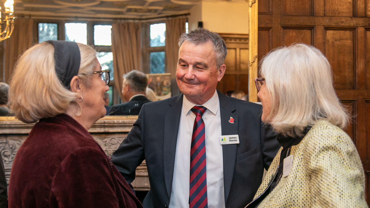 Beverley Aitken & Sue Finch from Sunken Garden talking to James Horne